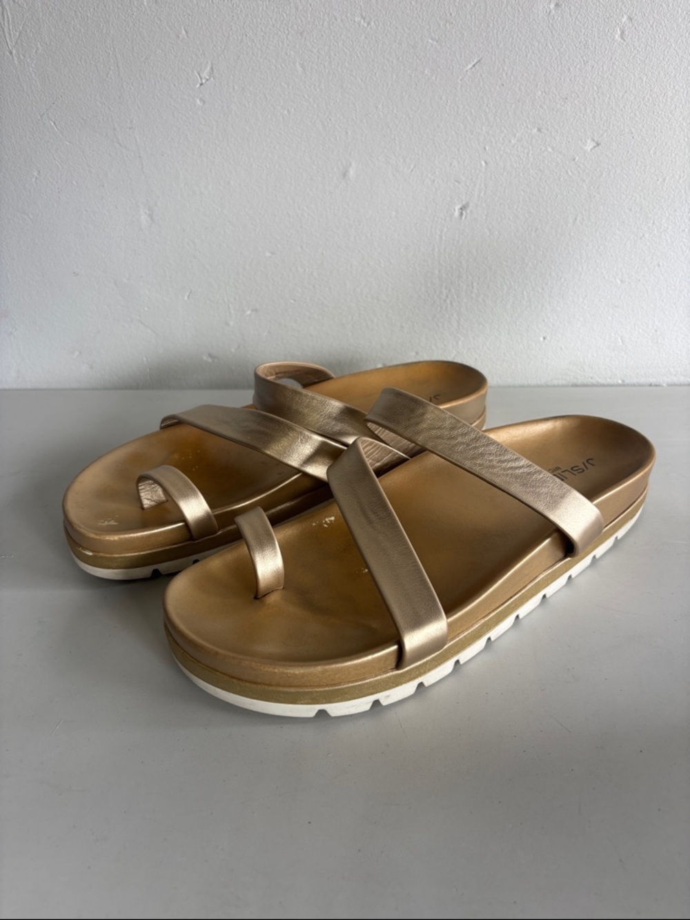 J/Slides Gold Metallic Triple-Strap Slide Sandals - Picture 2 of 7